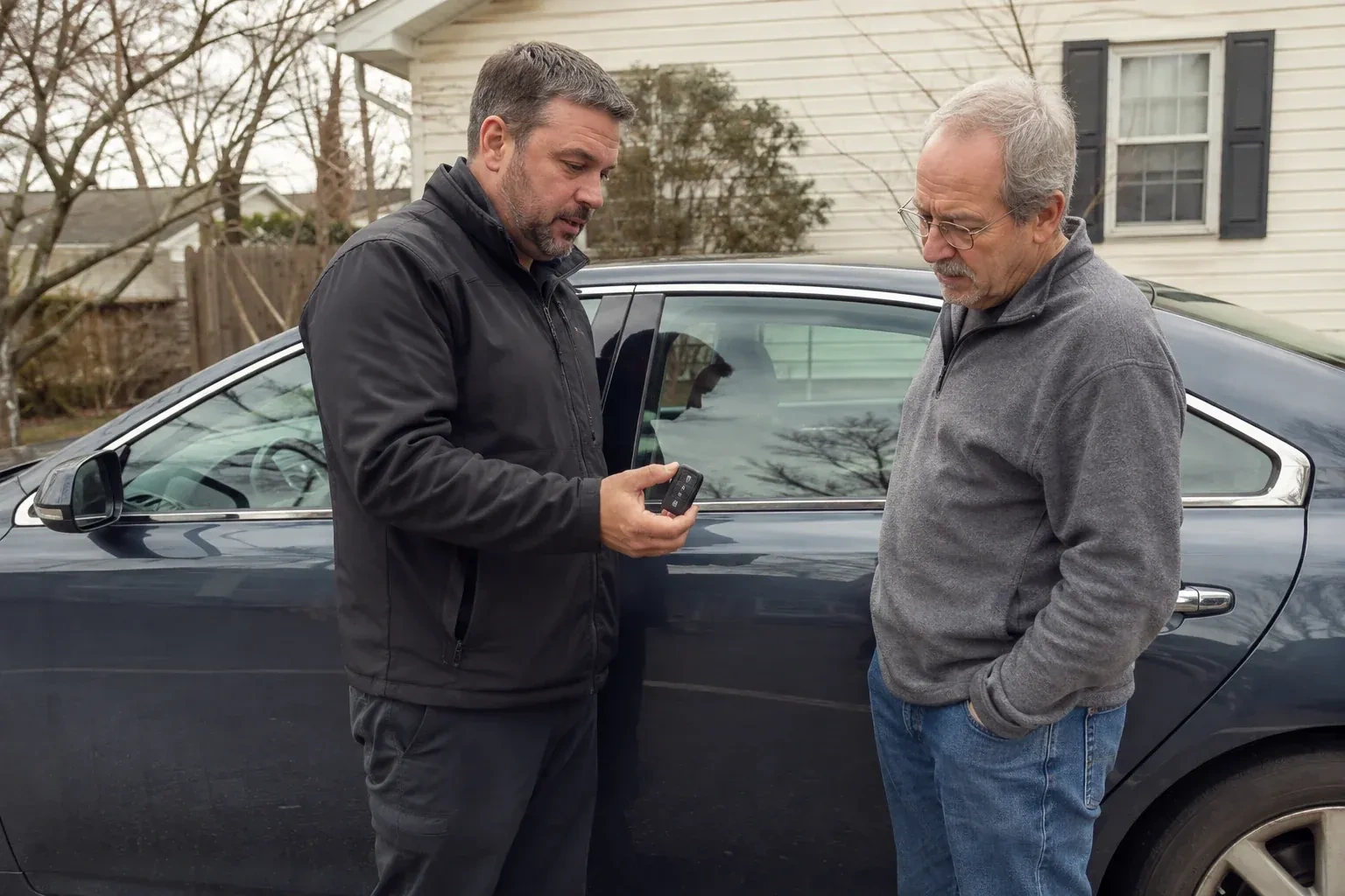 Two people beside a dark sedan, one holding up a black key fob. — Car Lockout Service, Brampton