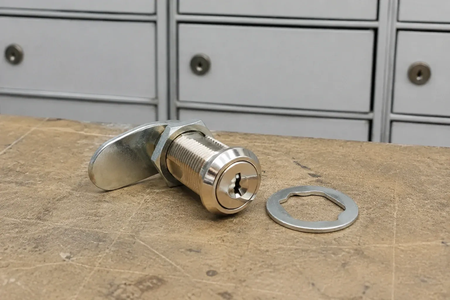 Detached threaded cam lock and mounting washer on a workbench in front of closed mail compartments. — Mailbox Lock Replacement, Brampton