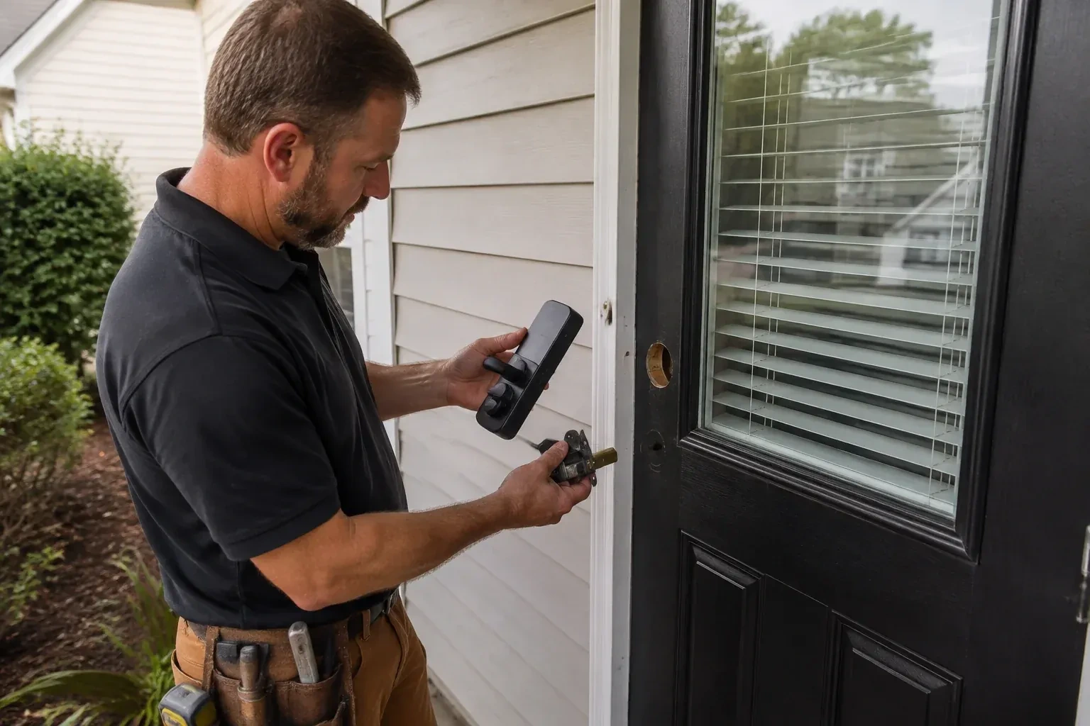 Person holding a black door-handle assembly and a latch beside a glazed door with exposed lock openings. — Smart Lock Installation, Brampton