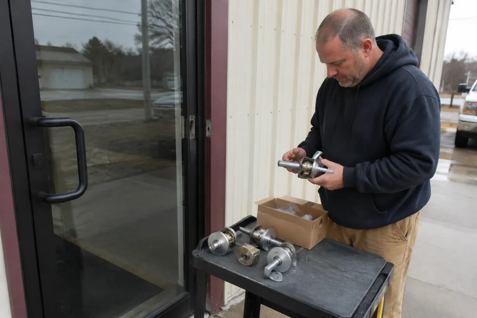 Person holding a door-handle assembly beside a glazed entrance, with more handle and lock components on a cart. — Commercial-Grade Lock Replacement, Brampton