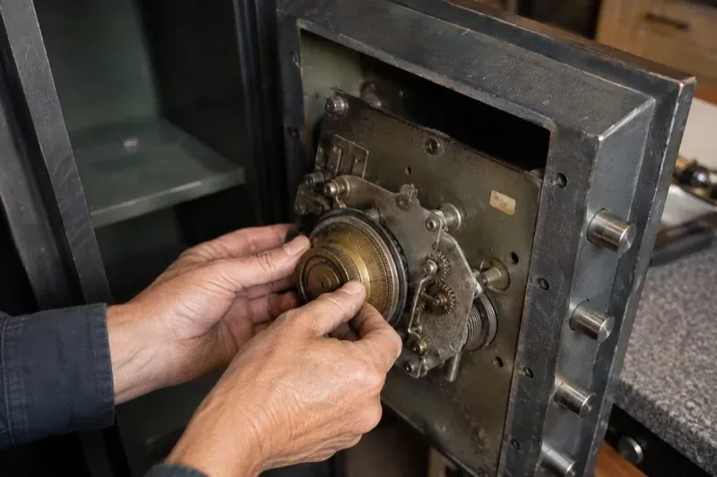 Hands holding a round metal component against the exposed mechanism inside an open safe door. — Safe Opening & Combination Change, Brampton