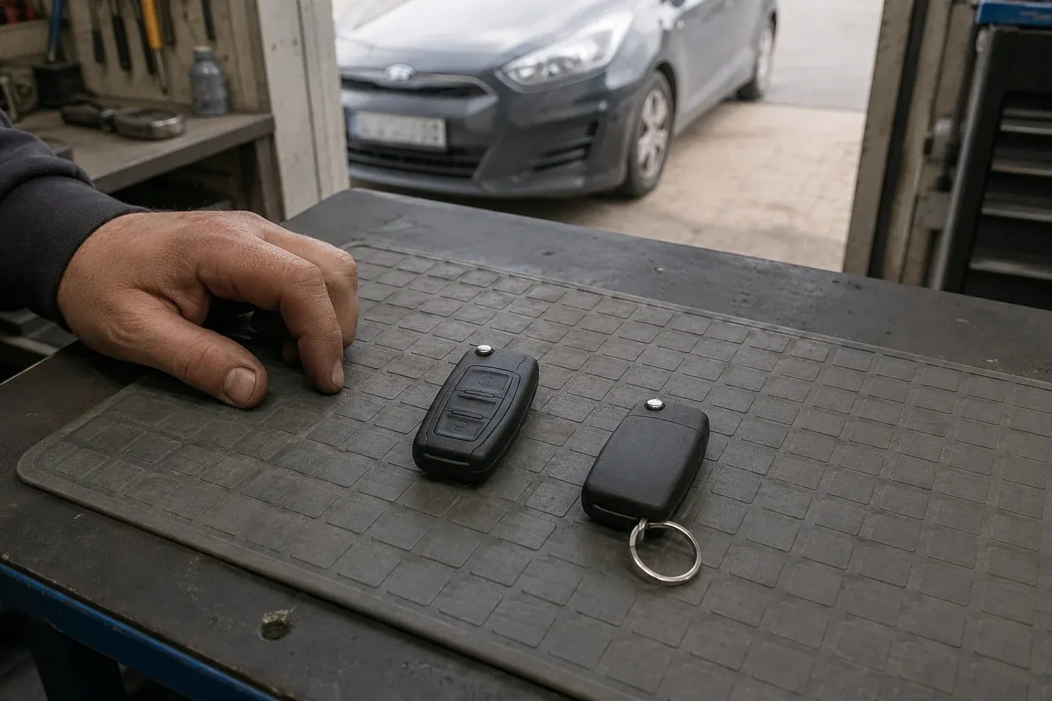 Two vehicle remote fobs on a work mat beside a technician’s hand, with a parked car beyond. — Key Fob Programming, Brampton