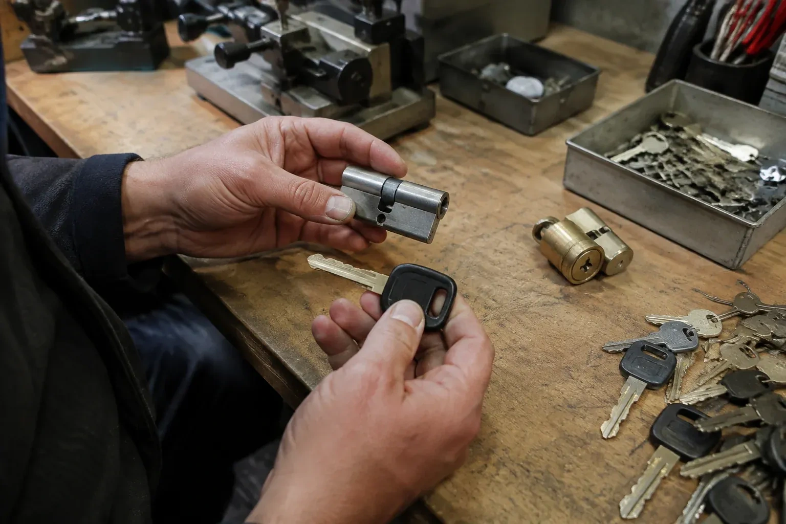 Hands holding a silver-colored lock cylinder and a black-headed key above a workbench with loose keys and another cylinder. — Spare Car Key Duplication, Brampton